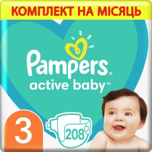 Огляд Підгузки Pampers Active Baby Midi Розмір 3 (6-10 кг) 208 шт (8001090910745): характеристики, відгуки, ціни.