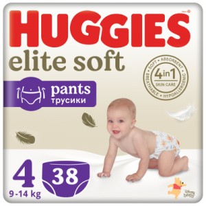 Огляд Підгузок Huggies Elite Soft 4 (9-14 кг) Mega 38 шт (5029053549323): характеристики, відгуки, ціни.