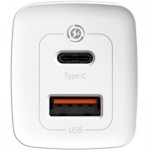 Огляд Зарядний пристрій Baseus 2xUSB 65W GaN (USB-C+USB-A) white (CCGAN2L-B02): характеристики, відгуки, ціни.