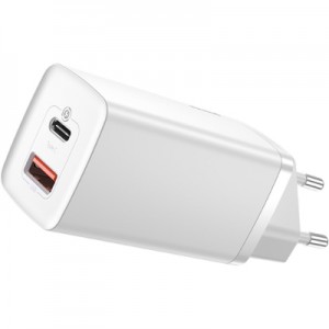 Огляд Зарядний пристрій Baseus 2xUSB 65W GaN (USB-C+USB-A) white (CCGAN2L-B02): характеристики, відгуки, ціни.