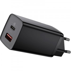 Огляд Зарядний пристрій Baseus 2xUSB 65W GaN (USB-C+USB-A) black (CCGAN2L-B01): характеристики, відгуки, ціни.
