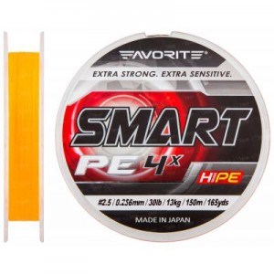Огляд Шнур Favorite Smart PE 4x 150м оранжевый #2.5/0.256мм 13кг (1693.10.21): характеристики, відгуки, ціни.