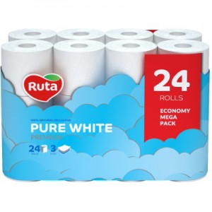 Огляд Туалетний папір Ruta Pure White 3 шари 24 рулони (4820202892038): характеристики, відгуки, ціни.