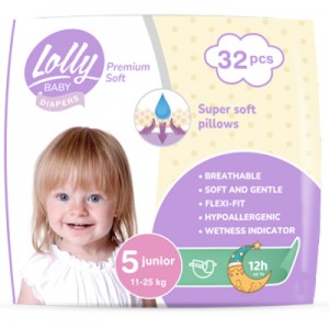 Огляд Підгузки Lolly Premium Soft 5 (11-25 кг) 32 шт (4820174981051): характеристики, відгуки, ціни.