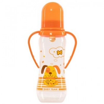 Пляшечка для годування Baby Team з латексною соскою і ручками 250 мл 0+ (1311_собачка_оранжевая)