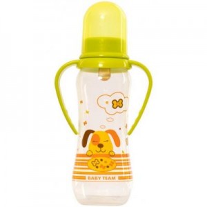 Огляд Пляшечка для годування Baby Team з латексною соскою і ручками 250 мл 0+ (1311_собачка_салатовая): характеристики, відгуки, ціни.