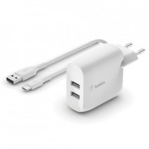 Огляд Зарядний пристрій Belkin Home Charger (24W) DUAL USB 2.4A, USB-C cable 1m, white (WCE001VF1MWH): характеристики, відгуки, ціни.