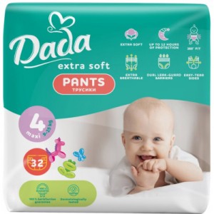 Огляд Підгузки Dada Extra Soft 4 Maxi (9-15 кг) 32 шт (4820174980689): характеристики, відгуки, ціни.