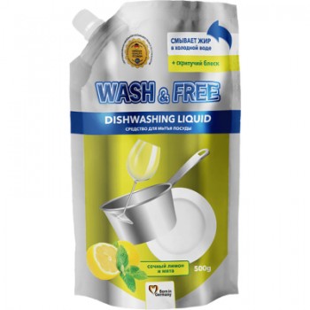 Засіб для ручного миття посуду Wash&Free соковитий лимон та м'ята дой-пак 500 г (4260637724663)