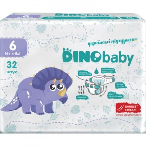 Огляд Підгузки Dino Baby Розмір 6 (16+ кг) 32 шт (4823098413240): характеристики, відгуки, ціни.