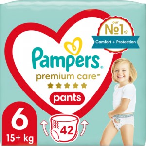Огляд Підгузок Pampers Premium Care Pants Розмір 6 (15+ кг) 42 шт (8001841325545): характеристики, відгуки, ціни.