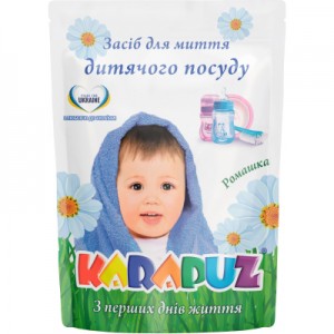 Огляд Засіб для ручного миття посуду Карапуз Ромашка дой-пак 500 мл (4820049383577): характеристики, відгуки, ціни.