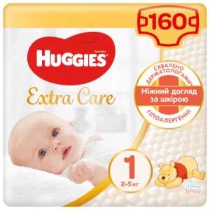 Підгузок Huggies Extra Care Newborn Розмір 1 (2-5 кг), 160 шт. (4*40 шт) (5029054229583)