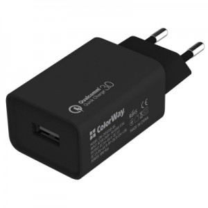 Огляд Зарядний пристрій ColorWay 1USB Quick Charge 3.0 (18W) black + cable Lightning (CW-CHS013QCL-BK): характеристики, відгуки, ціни.