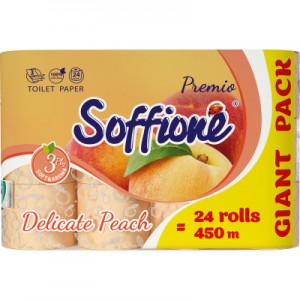 Огляд Туалетний папір Soffione Premio Delicate Peach 3 шари 24 рулони (4820003836354): характеристики, відгуки, ціни.
