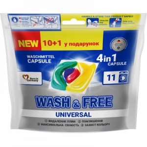 Огляд Капсули для прання Wash&Free Universal 10+1 шт. (4260637722058): характеристики, відгуки, ціни.