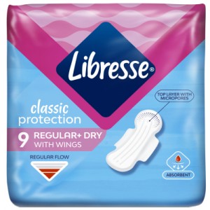 Огляд Гігієнічні прокладки Libresse Classic Protection Regular Dry 9 шт. (7322541233222): характеристики, відгуки, ціни.