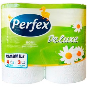 Огляд Туалетний папір Perfex Deluxe Ромашка 3 шари 4 рулони (8600101745248): характеристики, відгуки, ціни.