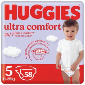 Огляд Підгузок Huggies Ultra Comfort 5 (12-22 кг) Mega 58 шт (5029053548784): характеристики, відгуки, ціни.