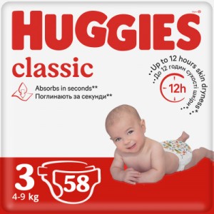 Огляд Підгузки Huggies Classic 3 (4-9 кг) Jumbo 58 шт (5029053543109): характеристики, відгуки, ціни.