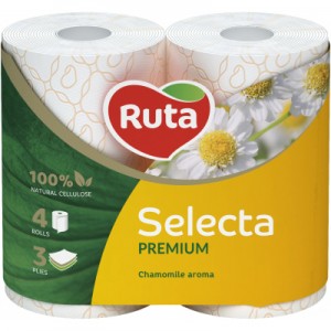 Огляд Туалетний папір Ruta Selecta з ароматом ромашки 3 шари 4 рулони (4820023744493): характеристики, відгуки, ціни.