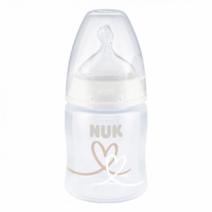 Огляд Пляшечка для годування Nuk First Choice Plus Серця 150 мл Бежева (3952402): характеристики, відгуки, ціни.