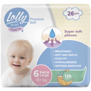 Огляд Підгузок Lolly Premium Soft Extra Large 6 (15+ кг) 26 шт (4820174981013): характеристики, відгуки, ціни.