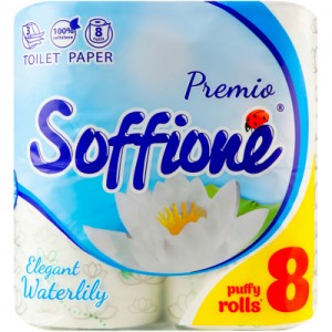 Огляд Туалетний папір Soffione Premio Elegant Waterlily 3 шари 8 рулонів (4820003837344): характеристики, відгуки, ціни.