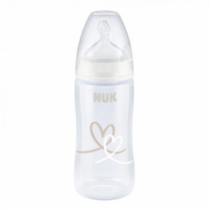 Огляд Пляшечка для годування Nuk First Choice Plus Серця 300 мл Бежева (3952398): характеристики, відгуки, ціни.