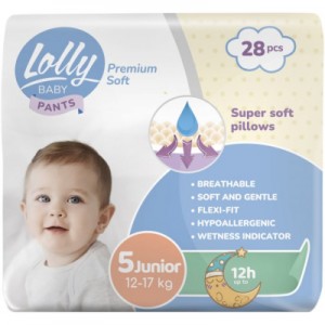 Огляд Підгузок Lolly Premium Soft Junior 5 (12-17 кг) 28 шт (4820174981006): характеристики, відгуки, ціни.