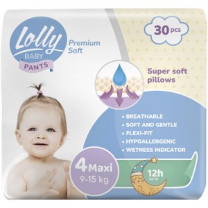 Огляд Підгузок Lolly Premium Soft Maxi 4 (9-15 кг), 30 шт (4820174980993): характеристики, відгуки, ціни.