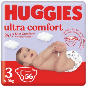 Огляд Підгузок Huggies Ultra Comfort 3 (5-9 кг) Jumbo 56 шт (5029053567570): характеристики, відгуки, ціни.