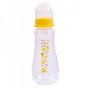 Огляд Пляшечка для годування Baby Team ергономічної форми із силіконовою соскою 0+ 250 мл (1412_жовта): характеристики, відгуки, ціни.